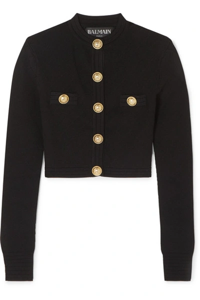 Shop Balmain Button-embellished Jacquard-knit Cardigan In Black