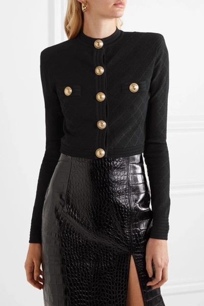 Shop Balmain Button-embellished Jacquard-knit Cardigan In Black