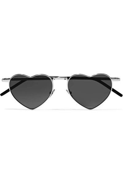 Shop Saint Laurent Loulou Heart-shaped Silver-tone Sunglasses In Black