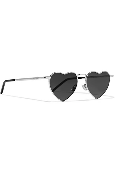 Shop Saint Laurent Loulou Heart-shaped Silver-tone Sunglasses In Black