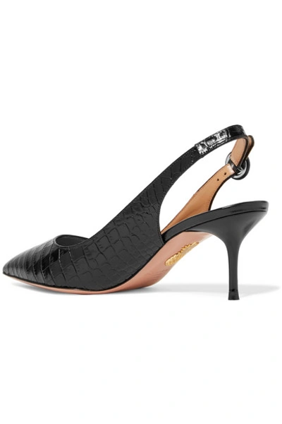 Shop Aquazzura Pure 60 Glossed Croc-effect Leather Slingback Pumps In Black