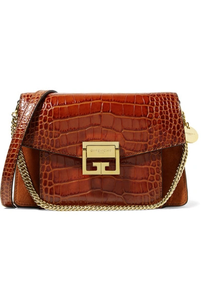 Shop Givenchy Gv3 Small Croc-effect Leather And Suede Shoulder Bag In Brown