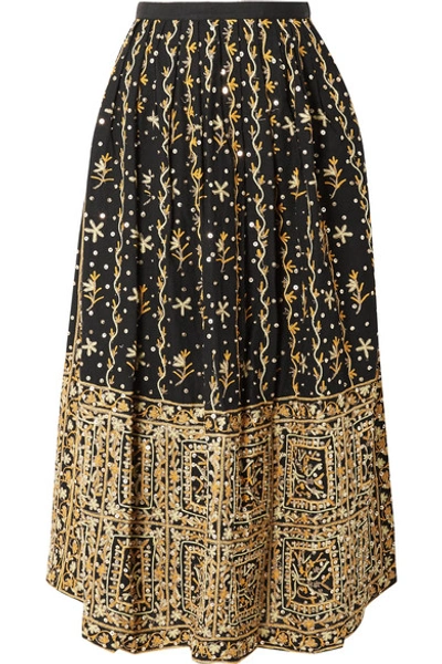 Shop Ulla Johnson Aisha Embellished Embroidered Linen And Cotton-blend Midi Skirt In Black