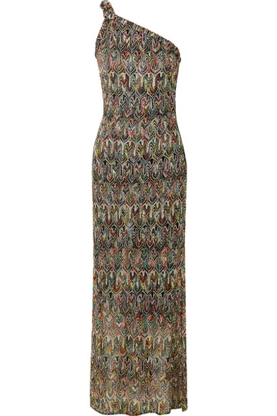 Shop Missoni One-shoulder Crochet-knit Maxi Dress In Black