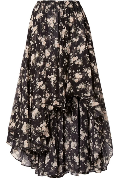 Shop Michael Kors Asymmetric Floral-print Silk-chiffon Midi Skirt In Black