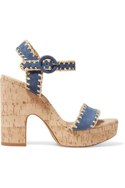 Shop Tabitha Simmons Elena Whipstitched Raffia And Suede Platform Sandals In Navy