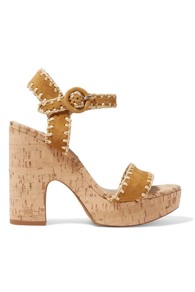 Shop Tabitha Simmons Elena Whipstitched Raffia And Suede Platform Sandals In Tan