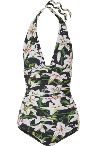 Shop Dolce & Gabbana Ruched Floral-print Halterneck Swimsuit In Black