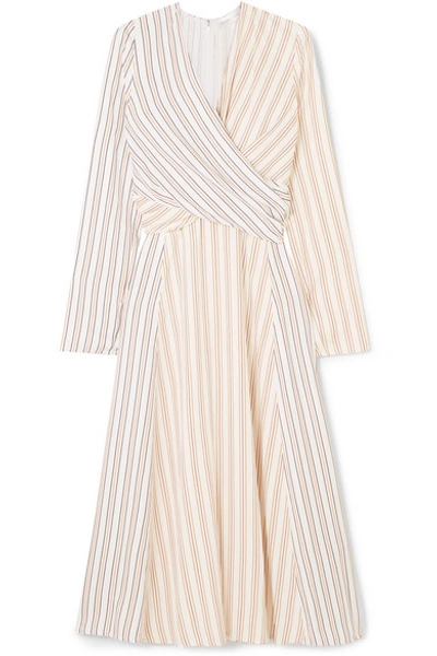 Shop Victoria Beckham Wrap-effect Striped Crepe Midi Dress In Ivory