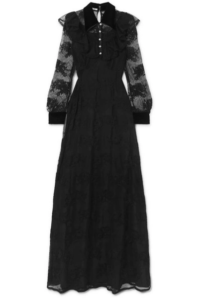 Shop Miu Miu Crystal-embellished Velvet-trimmed Lace Gown In Black