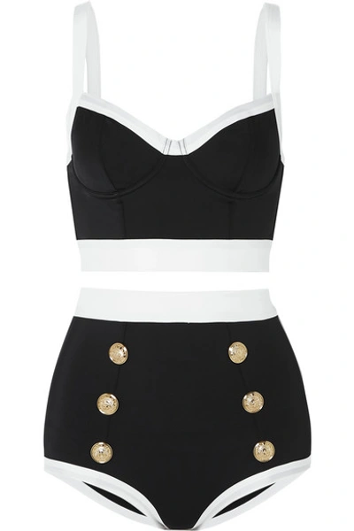 Shop Balmain Button-embellished Two-tone Bikini In Black