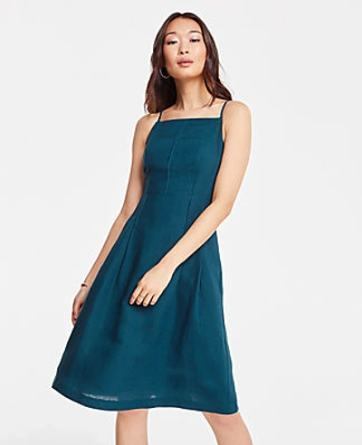 Shop Ann Taylor Petite Linen Blend Halter Flare Dress In Emerald Sea