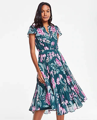 Shop Ann Taylor Tall Fauna Floral Pleated Skirt Dress In Emerald Sea