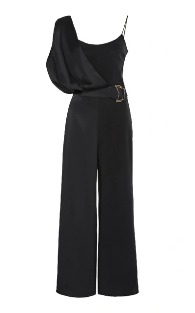 Shop Cushnie Buckled Draped Panel Silk Jumpsuit In Black