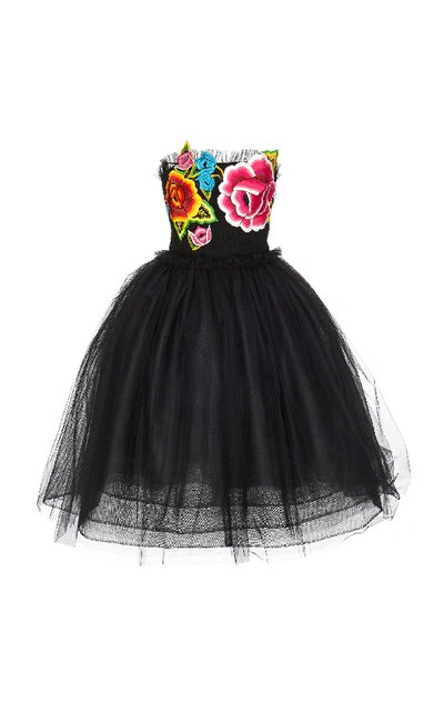Shop Carolina Herrera Strapless Embroidered Tulle Dress In Black