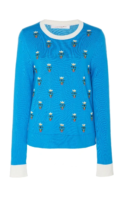 Shop Carolina Herrera Floral-embroidered Cashmere And Silk-blend Sweater In Blue