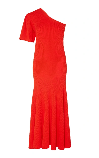 Shop Carolina Herrera One-shoulder Stretch-knit Midi Dress In Red