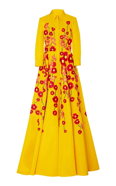 Shop Carolina Herrera Floral-embroidered Silk-taffeta Gown In Yellow