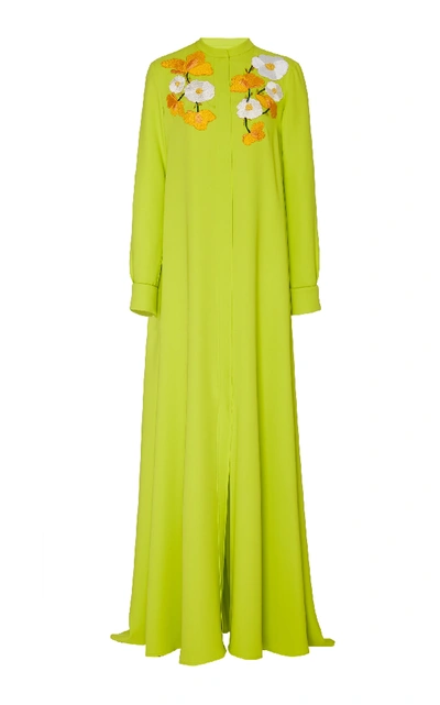 Shop Carolina Herrera Floral-embroidered Silk-jersey Caftan In Green