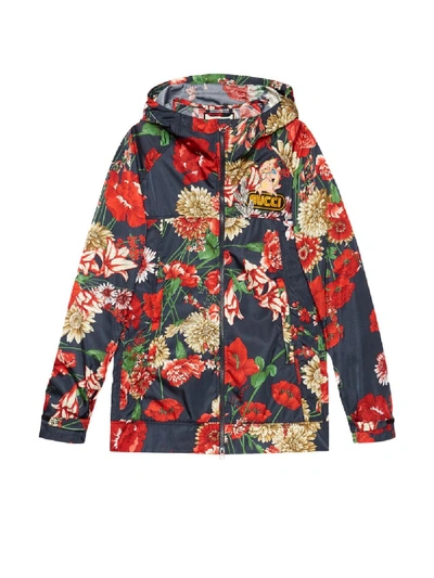 Gucci Zip-front Hooded Spring Floral-bouquet Print Nylon Jacket W/ Logo Patch In Blue