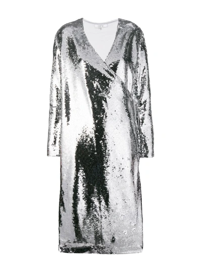 Shop Ganni Sonora Sequin Wrap Dress In Silver