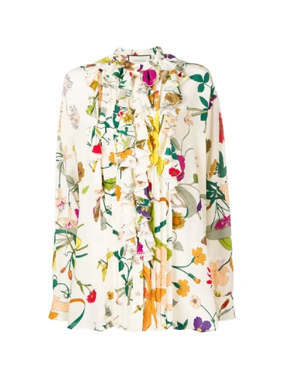 Shop Gucci Ruffle Trim Floral Shirt In Neutrals