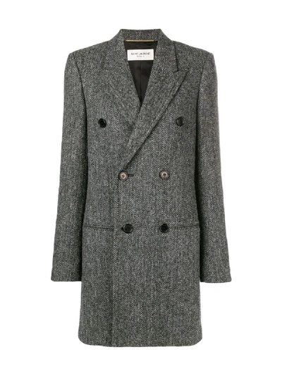 Shop Saint Laurent Chevron Double-breasted Coat In Grey