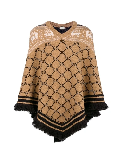 Shop Gucci Gg Logo Knit Wool Poncho In Brown