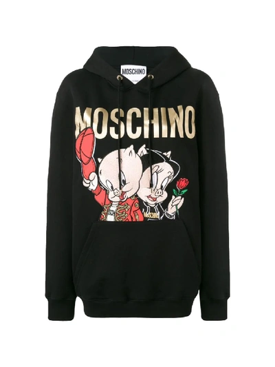 Shop Moschino Porky & Petunia Pig Hoodie In Black