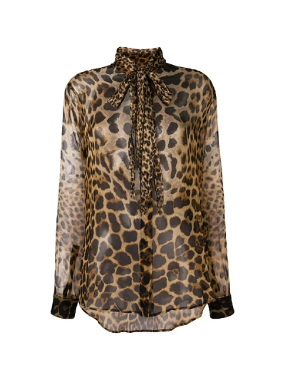Shop Saint Laurent Tie-neck Leopard-print Blouse In Brown