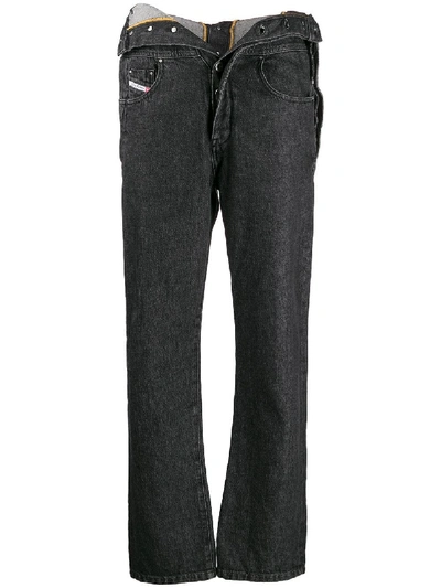 Shop Diesel Red Tag Foldover Waist Jeans In Black