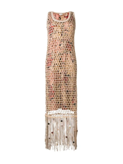 Shop Ferragamo Fringed Mesh Overlay Dress In Neutrals