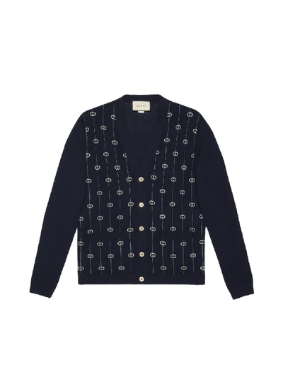 Shop Gucci Wool Cardigan With Gg In Blue