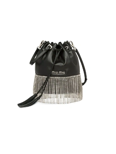 Shop Miu Miu Leather Bucket Bag With Crystals In Black