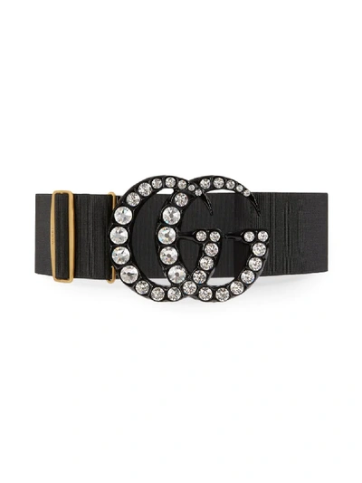 Shop Gucci Elastic Belt With Crystal Double G Buckle In Black