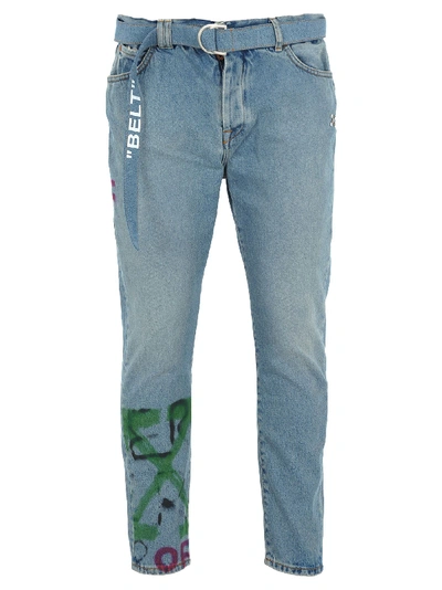 Shop Off-white Off White Slim Low Crotch Jeans In Light Blue + Graffiti