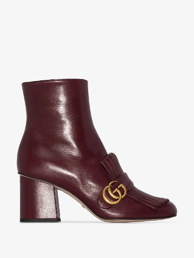 Shop Gucci Burgundy Marmont 75 Fringed Leather Ankle Boots In Red