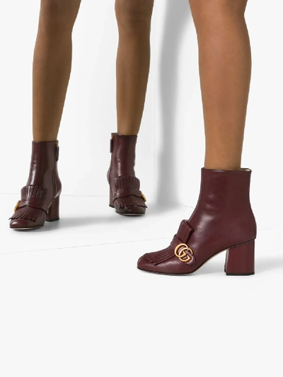 Shop Gucci Burgundy Marmont 75 Fringed Leather Ankle Boots In Red