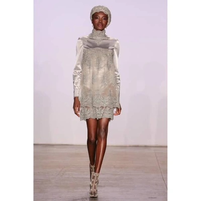 Shop Jiri Kalfar Silver Short Silk Dress With Embroidery