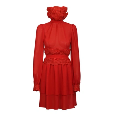 Shop Jiri Kalfar Red Silk Dress With Over Sized Embroidered Collar