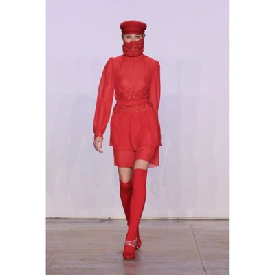 Shop Jiri Kalfar Red Silk Dress With Over Sized Embroidered Collar