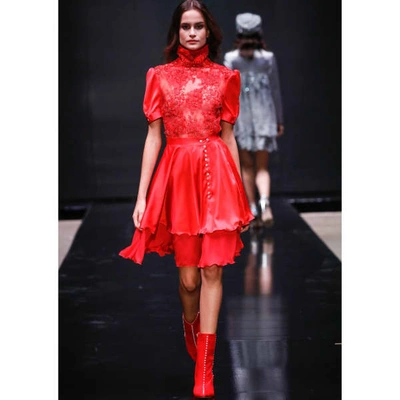 Shop Jiri Kalfar Red Blouse With Short Sleeves & Red Silk Layered Skirt