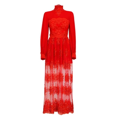 Shop Jiri Kalfar Red Silk Chiffon Dress With Embroidery