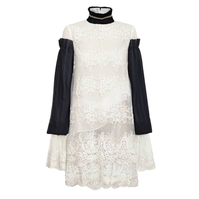 Shop Jiri Kalfar White Embroidered Dress With Black Pleated Sleeves