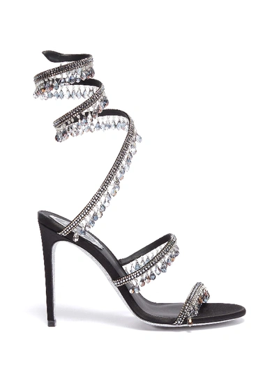 Shop René Caovilla 'cleo Chandelier' Strass Fringe Coil Anklet Satin Sandals In Black