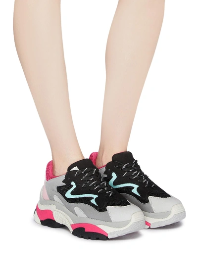 Shop Ash 'addict' Chunky Outsole Leather Panel Mesh Sneakers In Light Grey / Black / Acqua / Fuxia / Pink