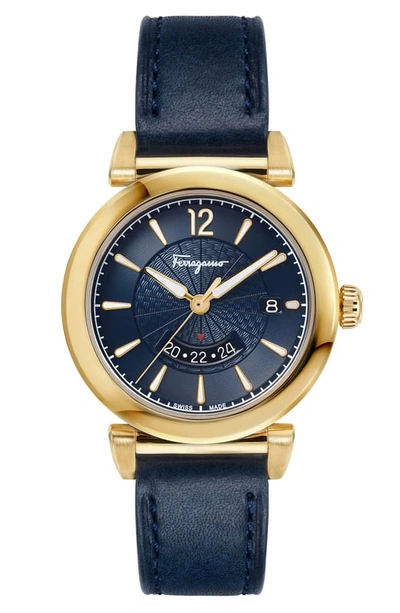 Shop Ferragamo Feroni Leather Strap Watch, 40mm In Blue/ Gold