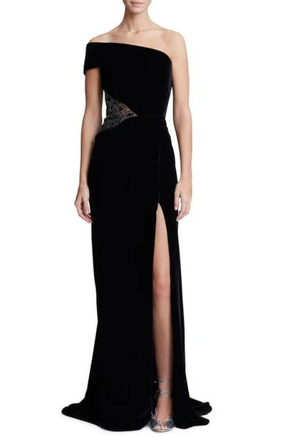 Shop Marchesa One-shoulder Velvet Gown In Black