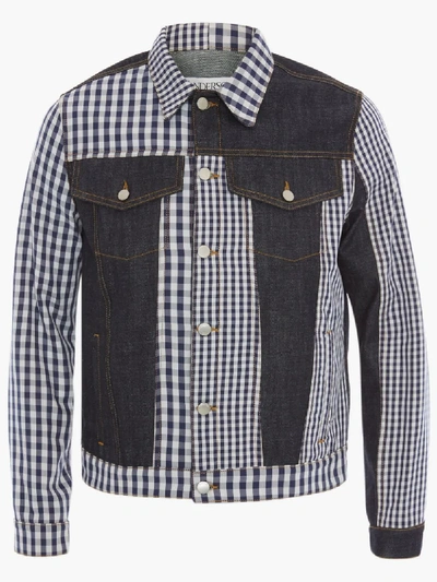 Shop Jw Anderson Gingham Patchwork Denim Jacket In Purple