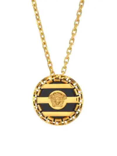 Shop Versace Logo Engraved Medallion Pendant Necklace In Gold